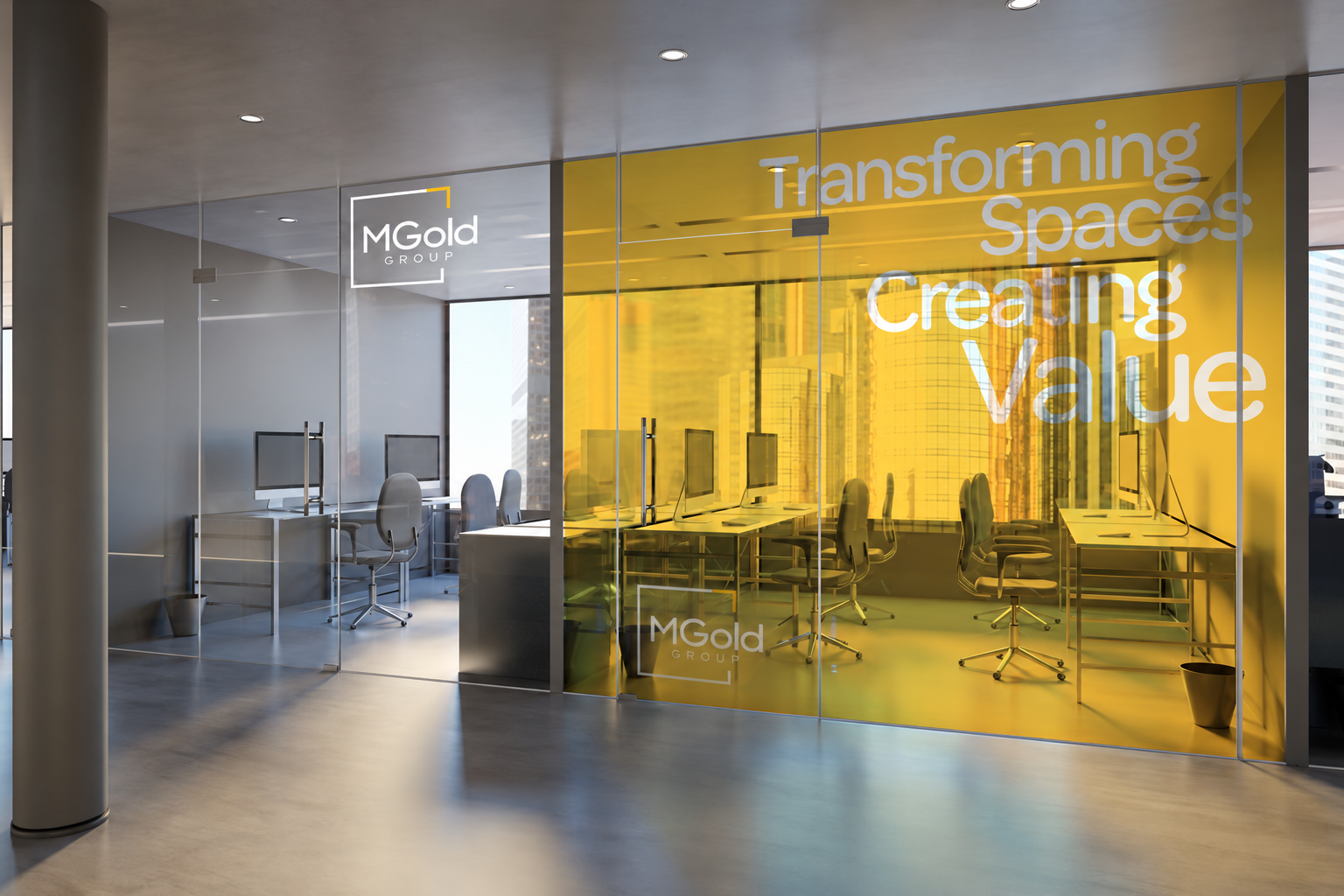 MGold Group logo on reflective glass 2